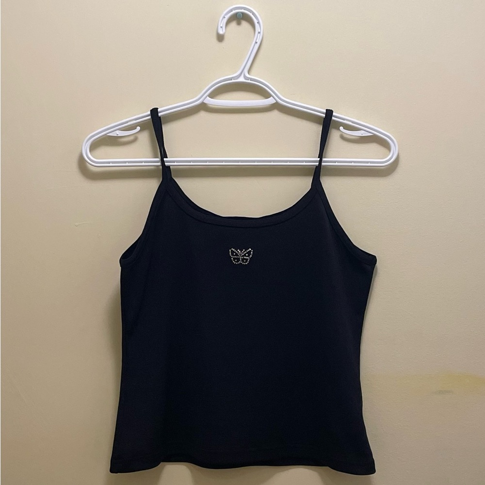 VINTAGE 90s BEDAZZLED BLING RHINESTONE BUTTERFLY BLACK CAMISOLE SPAGHETTI TOP